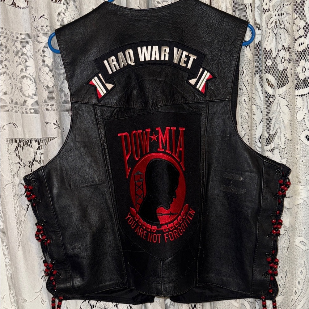 Black Leather Vest with‎ Red POW MIA Design